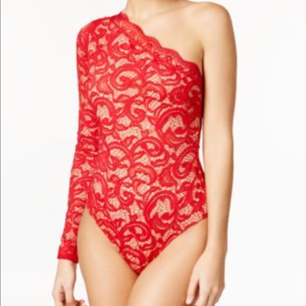 Material Girl One-Shoulder Red Lace Bodysuit Sz-S